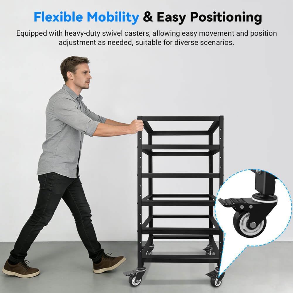 SUNGOLDPOWER 3U Server Rack Battery Rack, 5-Layer Rack for 48V 100Ah Lithium Batteries, Stackable Battery Holder with Wheels & Open Ventilation for Solar Energy Storage Systems