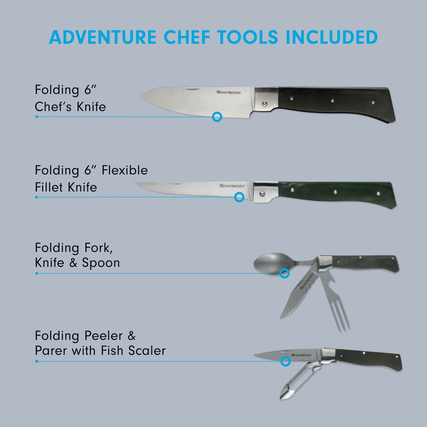 Messermeister Adventure Chef Summit Set, Distressed Linen - Folding 6” Chef’s Knife, 6” Fillet Knife, Steak Knife, Fork & Spoon, Peeler & Parer, TPE Cutting Board + Waxed Canvas Case