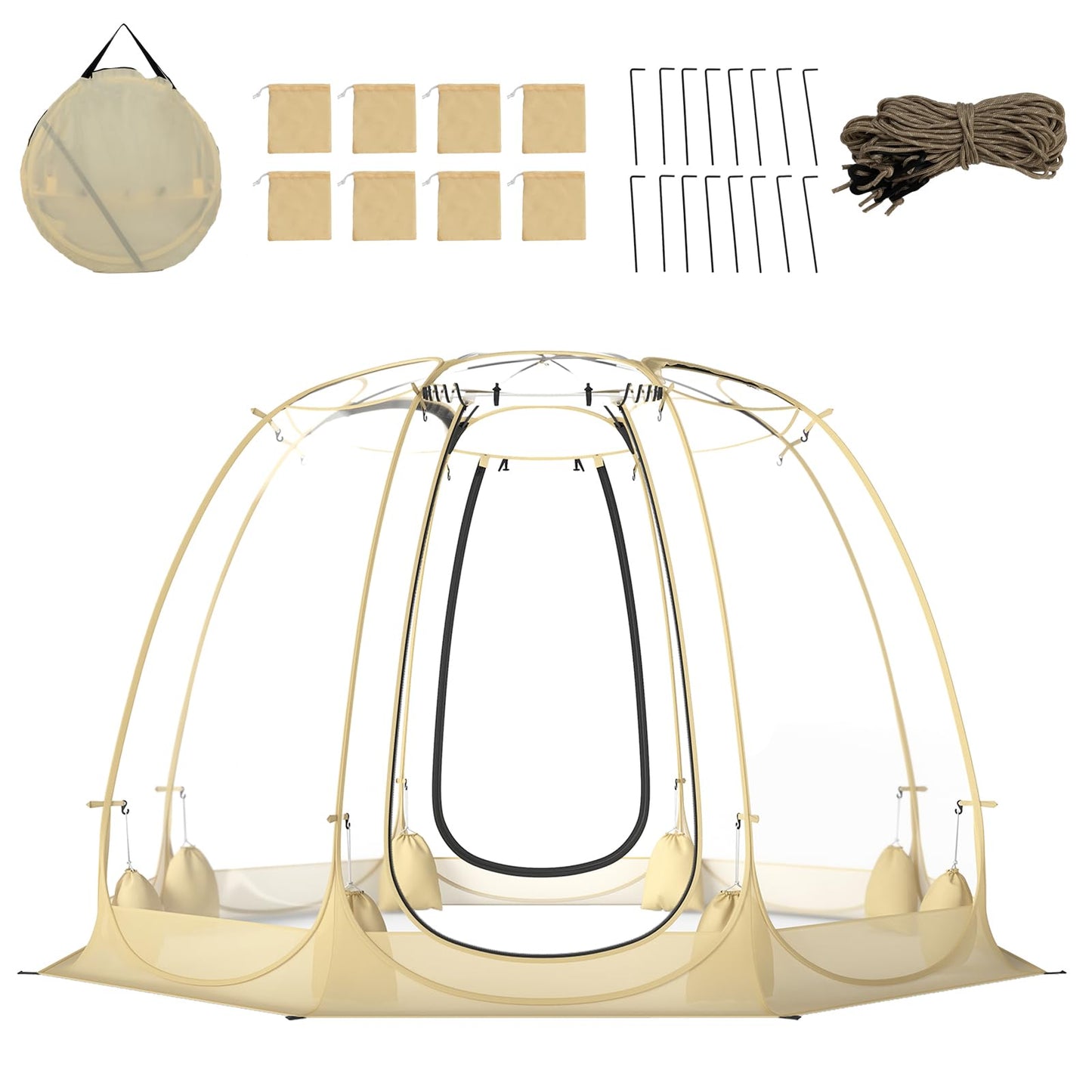 Happygrill Pop up Bubble Tent, 9.5 x 9.5 FT Outdoor Dome Screen Tent for for 4-6 People w/16 Stakes, 8 Wind Ropes, 8 Sandbags, Carrying Bag, Portable Weatherproof Screen House for Camping Sports Event