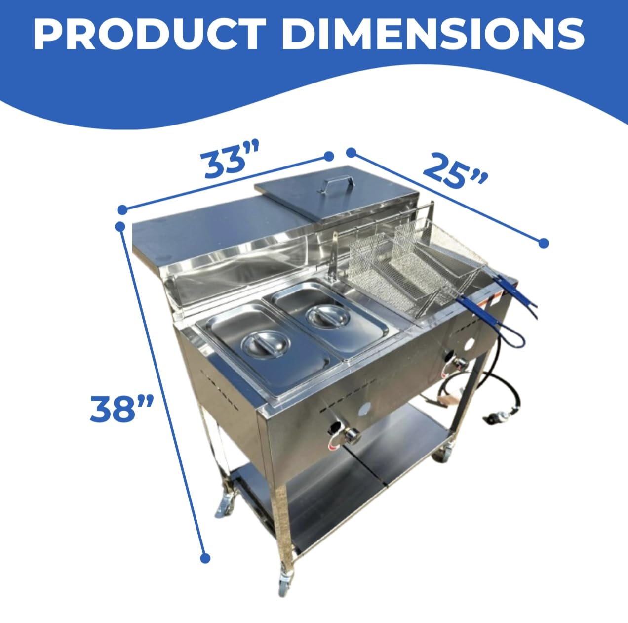 Deep Fryer Cart | 2 Fry Baskets | 3 Gallon Single Tank | 2 Pan Steam Table | Portable 4 Wheel | Stainless Steel | Outdoor Propane Frying Cart for Chicken, Fish, & More | Commercial & Home