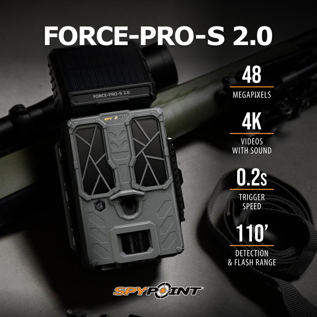 SPYPOINT Force-PRO-S 2.0 Solar Trail Camera, Non-Cellular, Integrated Solar Panel, 0.2S Trigger Speed,110 ft Detection Range, 4K/2K/1080p Video Modes, 48MP Photos, Internal Battery Supply