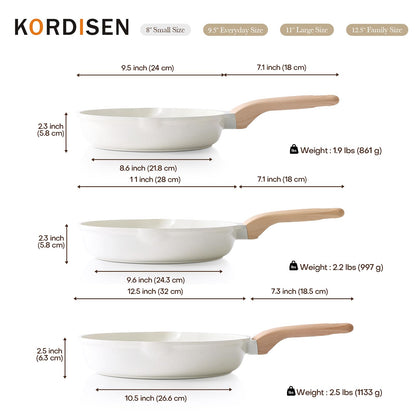Kordisen Nonstick Ceramic Frying Pan Set, 3 Piece Ceramic Skillet Set, Healthy Non Toxic Cooking Pan, Stay-Cool Handle, Induction Compatible, PFOA & PFAS Free, White(9.5, 11, 12.5 Inch)