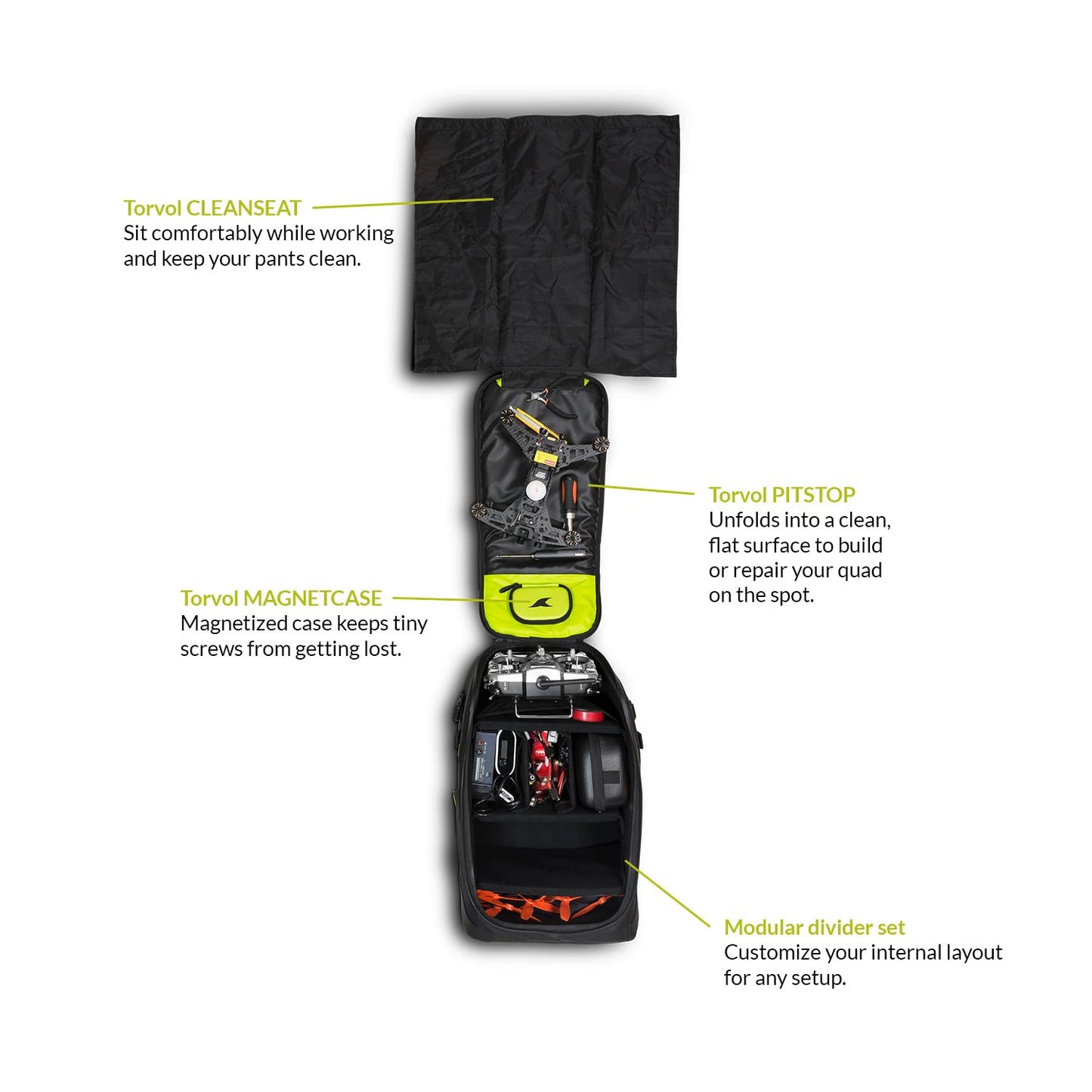 TORVOL - Quad PITSTOP Backpack V2, Compact FPV Drone Backpack for 2 Drones, Fits DJI Mini 3, Mini 4 Pro, DJI Neo, with Laptop Compartment, Waterproof Rain Cover, Black & Green, 25L