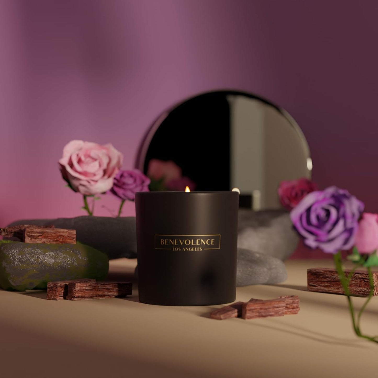 Benevolence LA Rose & Sandalwood Scented Candle | Soy Christmas Candles, Black Candle for Home | Holiday Candles Gifts for Women and Men | Home Fragrance | Aromatherapy | 8oz, 45 Hour Burn