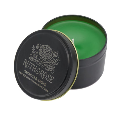 RUTH & ROSE Oakmoss & Amber Scented Candle, 100% Beeswax Candle for Home, 8oz, +65 Hours Burn Time, Aromatherapy Non Toxic Candles, Gift for Women & Men, Made in USA, Perfect for Travel or Gifting