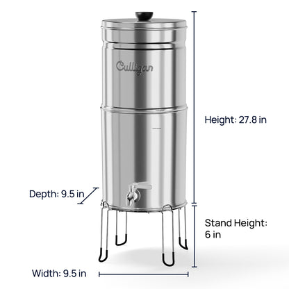 Culligan MaxClear 3 Gallon Gravity Water Filter System, Polished Stainless-Steel Countertop Water Filter NSF/ANSI Certified to Reduce Microplastics, Lead & Total PFAS, with 1 Ceramic Filter
