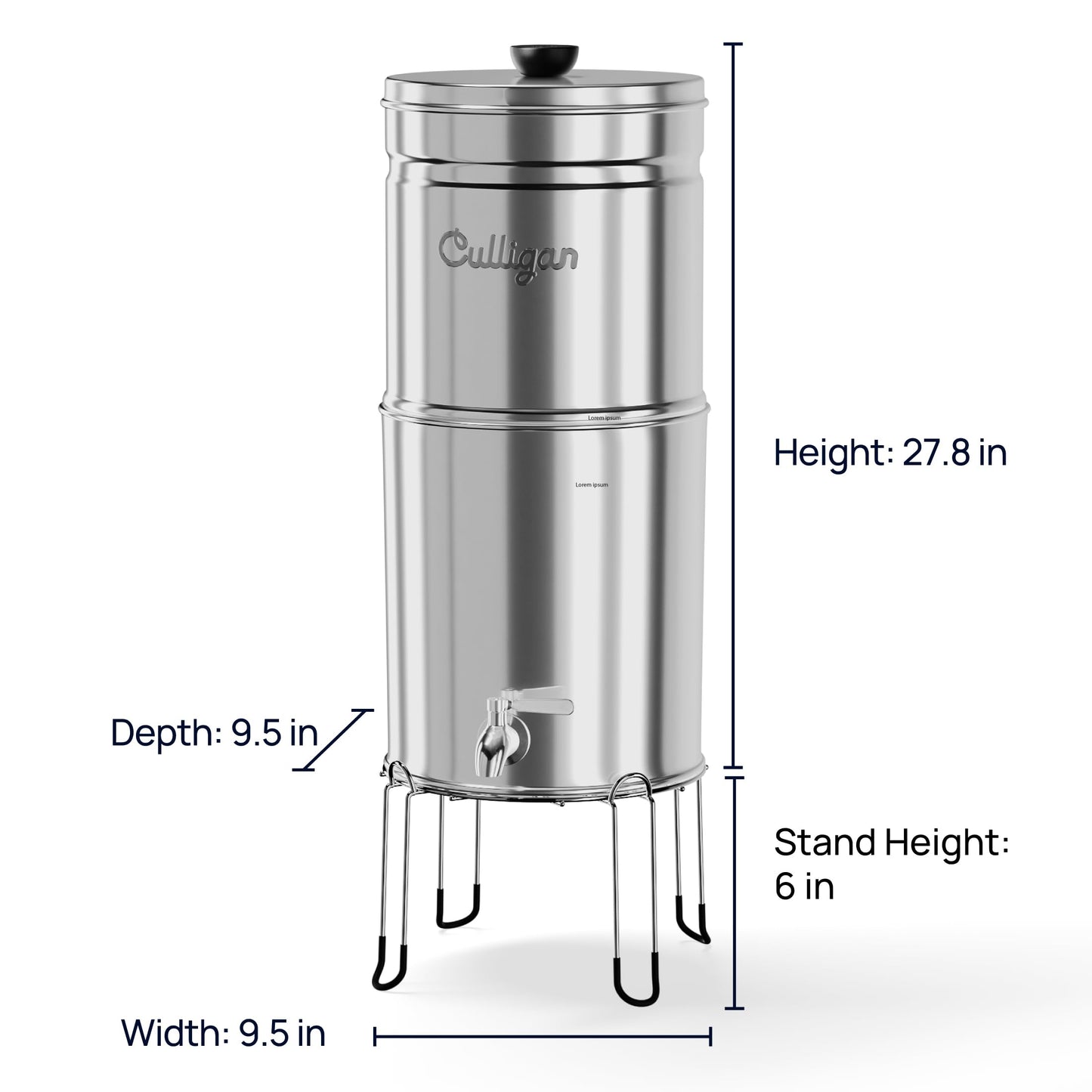 Culligan MaxClear 3 Gallon Gravity Water Filter System, Polished Stainless-Steel Countertop Water Filter NSF/ANSI Certified to Reduce Microplastics, Lead & Total PFAS, with 3 Ceramic Filters