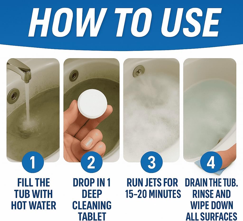 **Jetted Tub Cleaner | 12 Active Cleaning Tablets for Whirlpool & Spa Baths - Septic Safe & Effective**