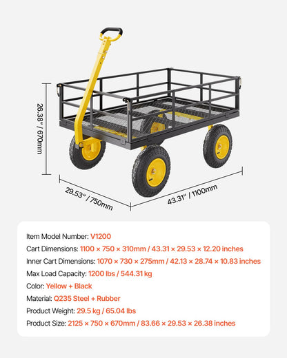 VEVOR 1200 Lbs Steel Garden Cart, Heavy Duty Pullable Garden Wagon Yard Cart, 2 in 1 Outdoor Metal Utility Wagon Yard Trailer with 13" All Terrain Tires, Mesh Removable Sides and 180°Rotating Handle