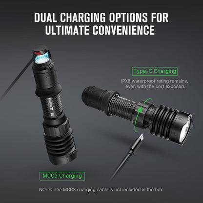 OLIGHT Warrior X 4 Rechargeable Tactical Flashlight 2,600 High Lumens with 630 Meters Long Range Thrower, Powerful Tail-Switch Light with USB-C Charging, Dual-Output for Daily (Black)