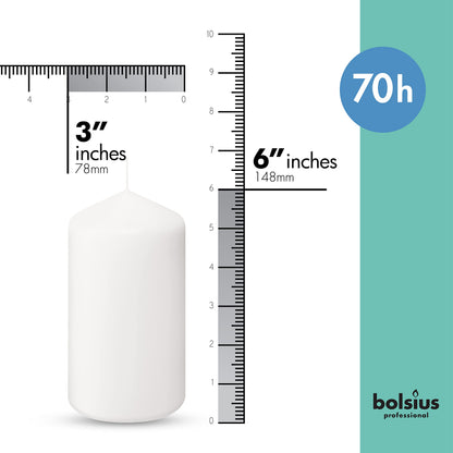 BOLSIUS 6 White Pillar Candles Bulk - 3x6 Inches Candle Set - 70+ Hours Clean Burning - No Palm Oil - 0% Animal Fat - Premium European Quality - Unscented Dripless Wedding Pillars