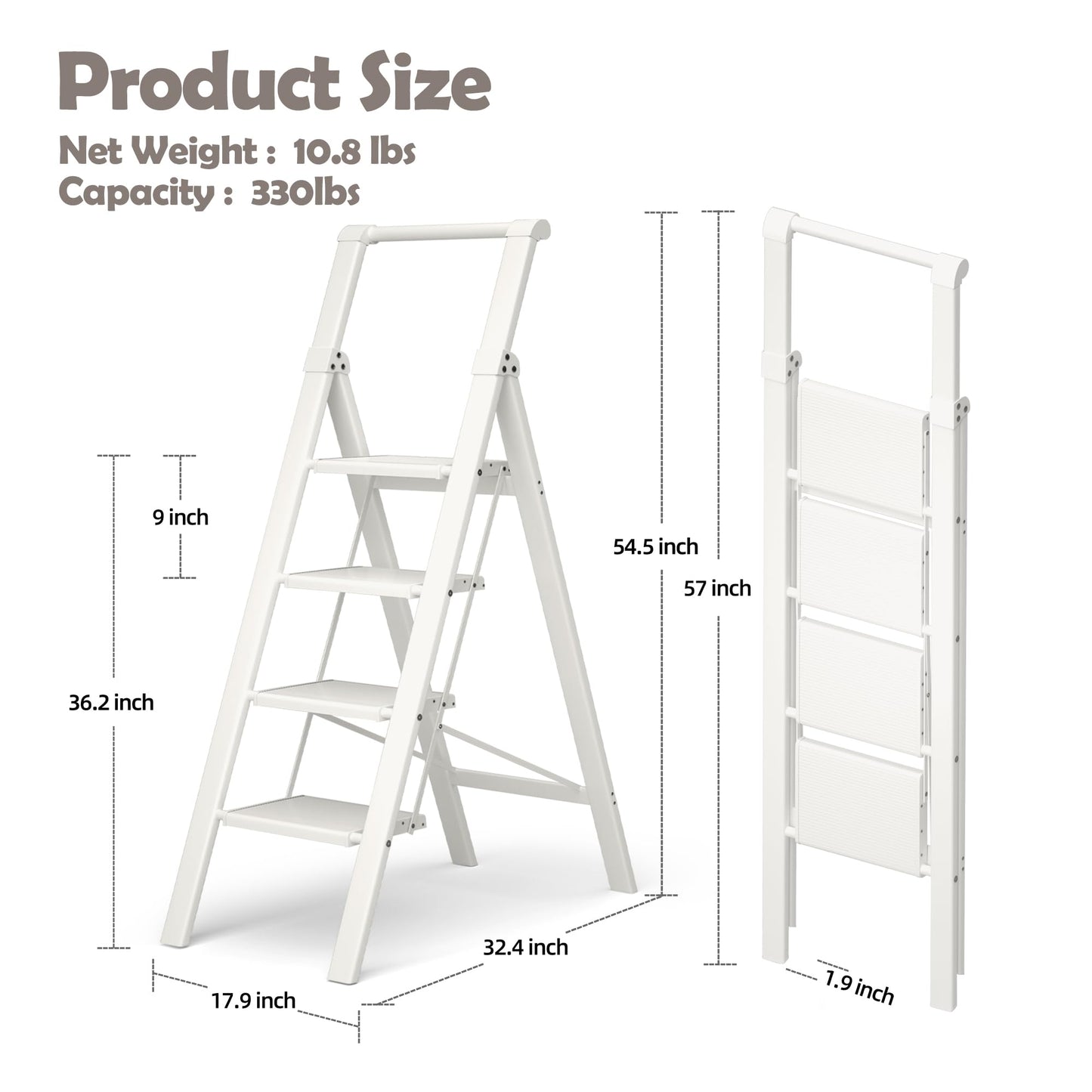 HillhutApex 4 Step Foldable Aluminum Step Ladder with Handgrip, Anti-Slip Pedal, 330 lbs Capacity, Lightweight & Portable for Home, Kitchen, Office, Garage (White)