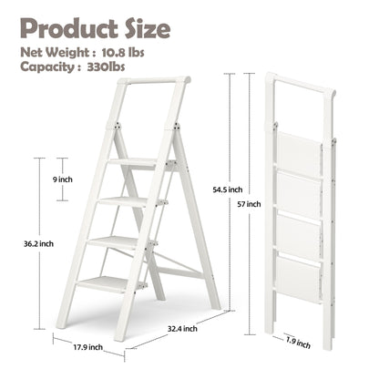 HillhutApex 4 Step Foldable Aluminum Step Ladder with Handgrip, Anti-Slip Pedal, 330 lbs Capacity, Lightweight & Portable for Home, Kitchen, Office, Garage (White)