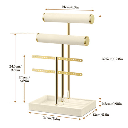 Josmimic Bracelet Holder Jewelry Organizer Display - 3 Tier T Bar Velvet Stand, Beige Jewelry Storage for Bracelet, Necklaces, Earrings, Rings, Watches