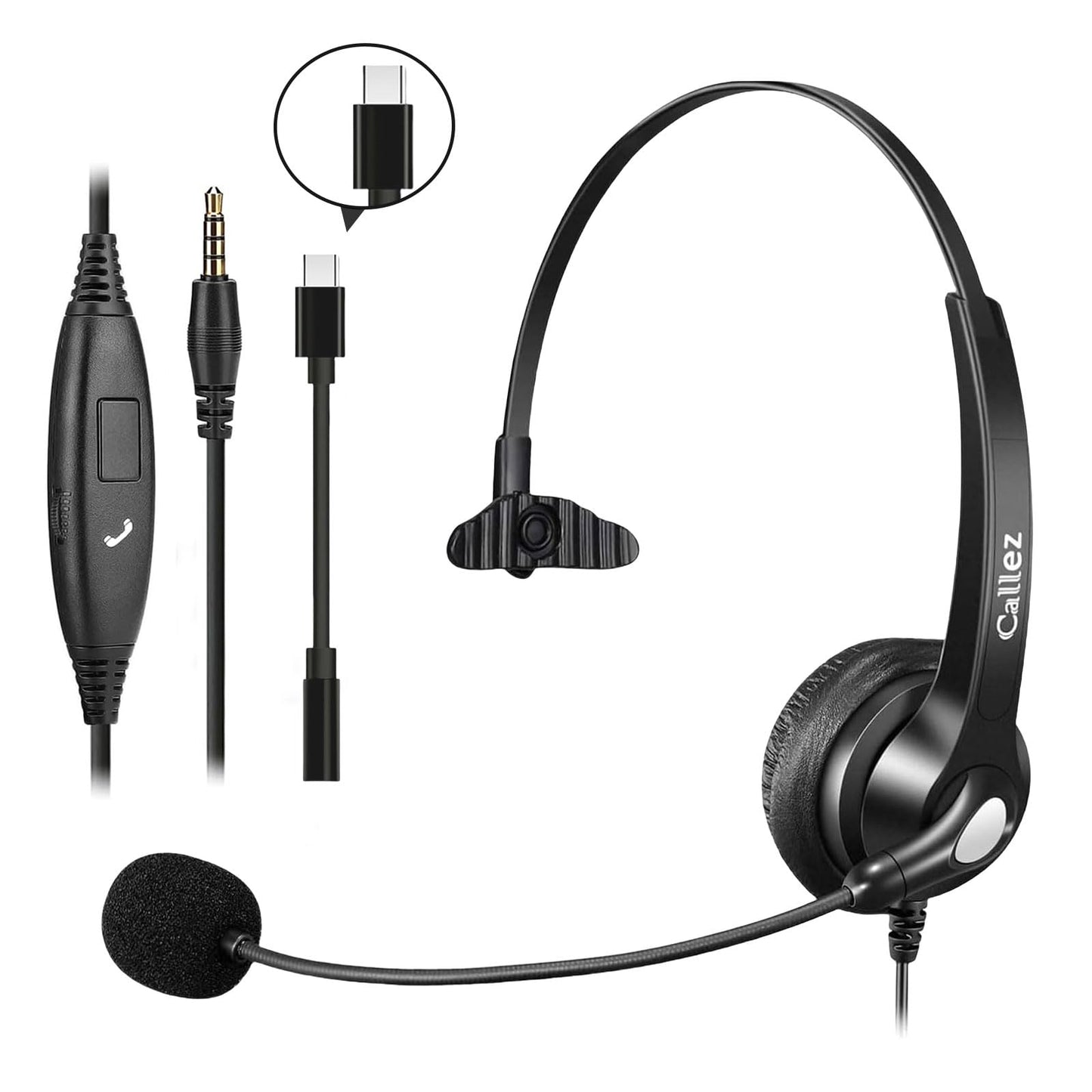 Callez Wired Computer Headset, 3.5mm Cell Phone Headset with Mic Noise Cancelling, USB-C Headphone for PC Laptop Mac iPhone Samsung Zoom Teams Call Center Home Office Work, in-line Controls