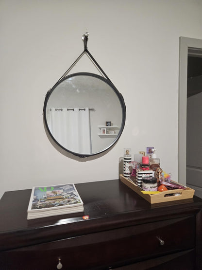 HofferRuffer Round Wall Mirror Decorative Mirror, Hanging Mirror with Hanging Strap Silver Hardware Hooker/Hanger (Brown, 23.6'')
