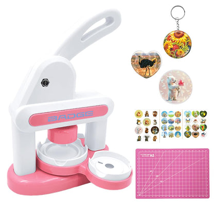 Upgraded Badge Button Maker Machine Kit - DIY Pin Press with 2 Round Sizes & Heart Shapes,Button Parts, Pictures, Circle Cutter, Board, Chain & Scissors - Ideal for Kids, School & Party Badge Making
