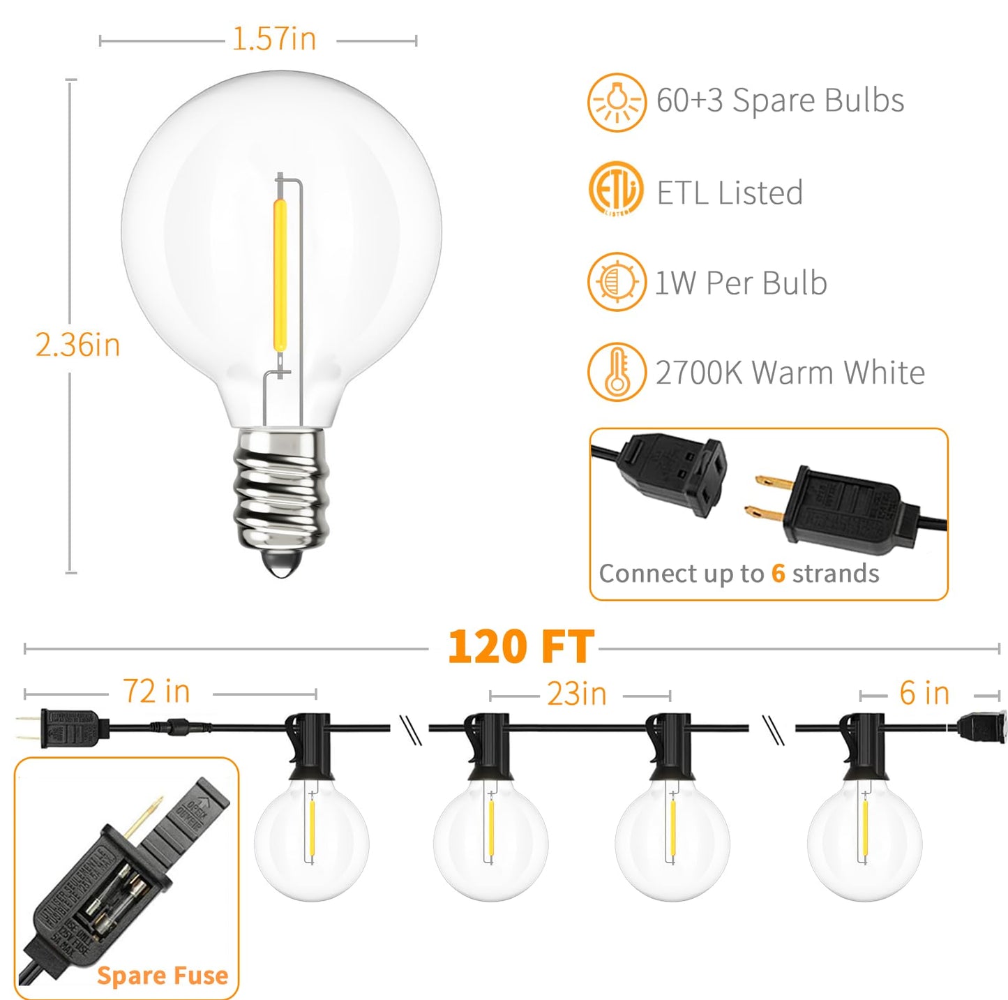 Svater 192 FT Outdoor String Lights 2W + 120 FT Patio Light with 63 Shatterproof LED Bulbs