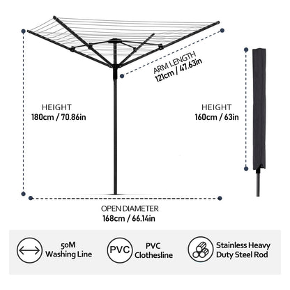 MEILANHUI Umbrella Clothesline Outdoor Rotary Drying Rack (165ft) + 49ft Heavy Duty Retractable Clothes Line Bundle – Adjustable Height, Compact, Weatherproof for Backyard, Balcony, Camping