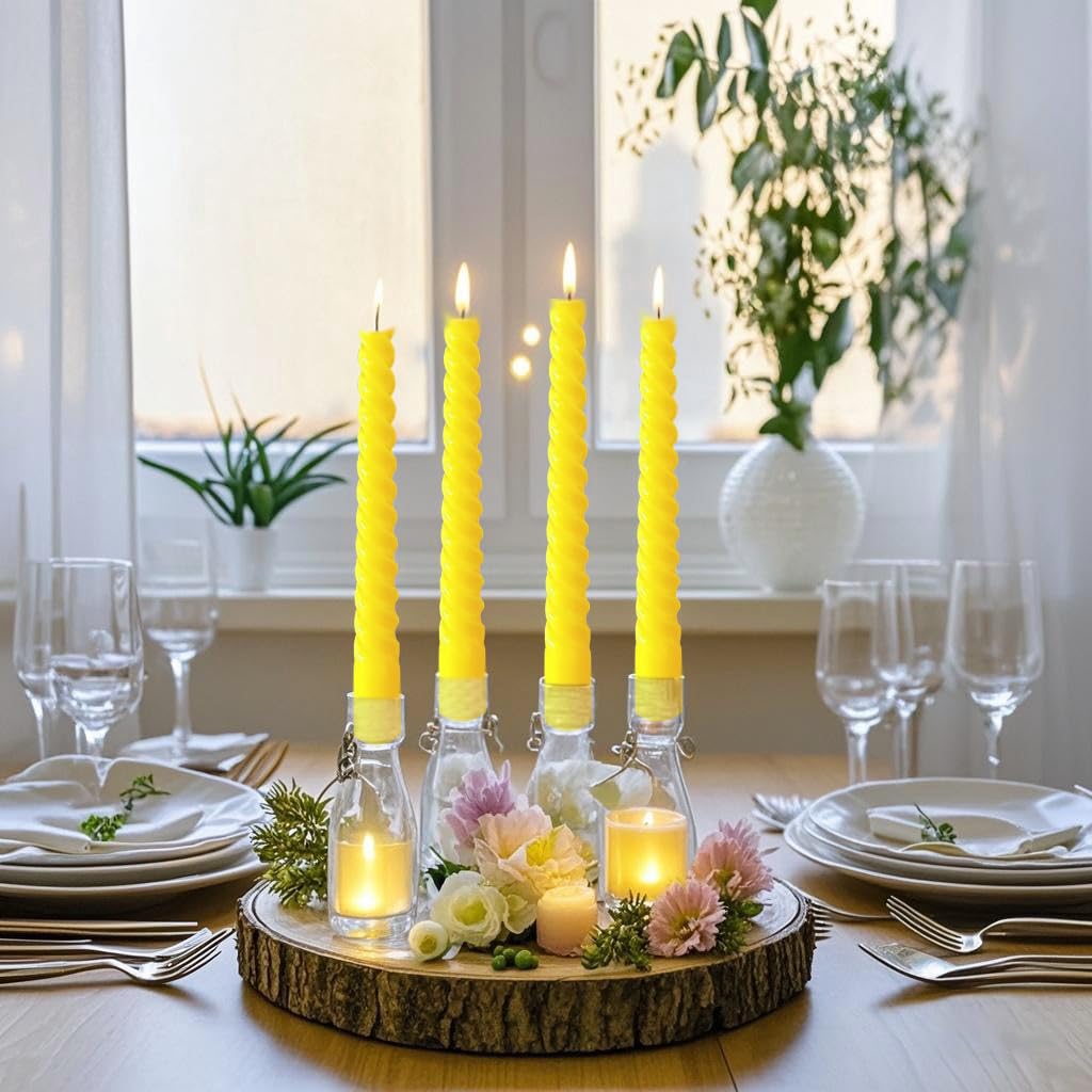 8 Pack 10 Inch Yellow Spiral Taper Candle Set, 7/8 Inch Unscented Driples Candlesticks for Home Decoration, 6-7 Hours Burn
