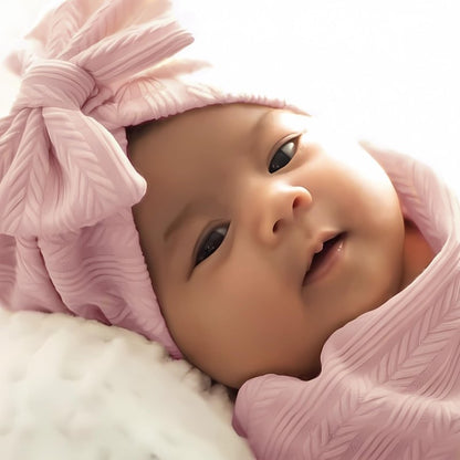 Jastore Baby Infant Swaddle Blankets for Girls 3PCS Newborn Accessories Set with Matching Hat and Bow Headband (Pale Pink, 33"*35")