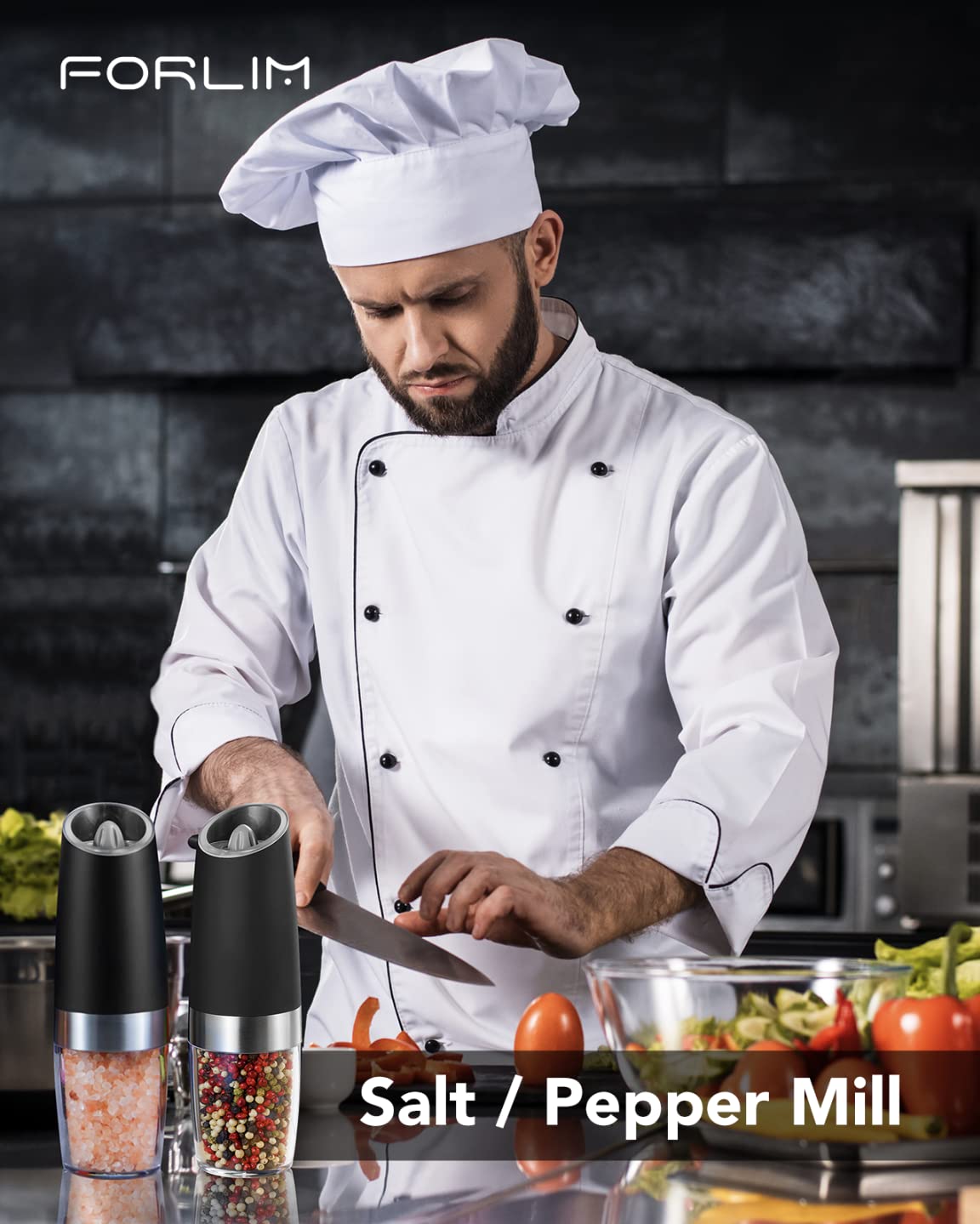 FORLIM Gravity Electric Salt and Pepper Grinder Set, Automatic Pepper Grinder Shakers Mill, Upgraded Batteries Powered Adjustable Coarseness with LED, One Hand Operation Perfect for Kitchen(Black)