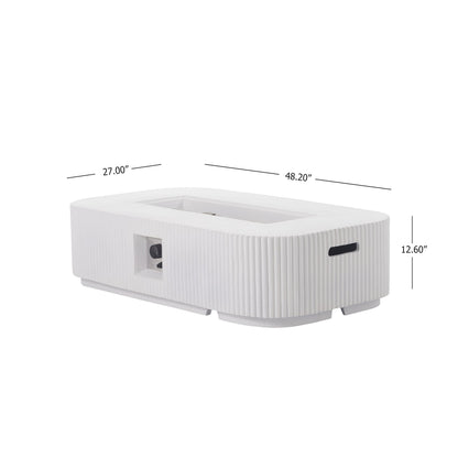 Christopher Knight Home 48.2 Inch Outdoor Rectangular Fire Pit Set with Tank Cover Side Table, MgO Concrete Propane Fire Pit 50000 BTU, White Modern Patio Heating Table Set