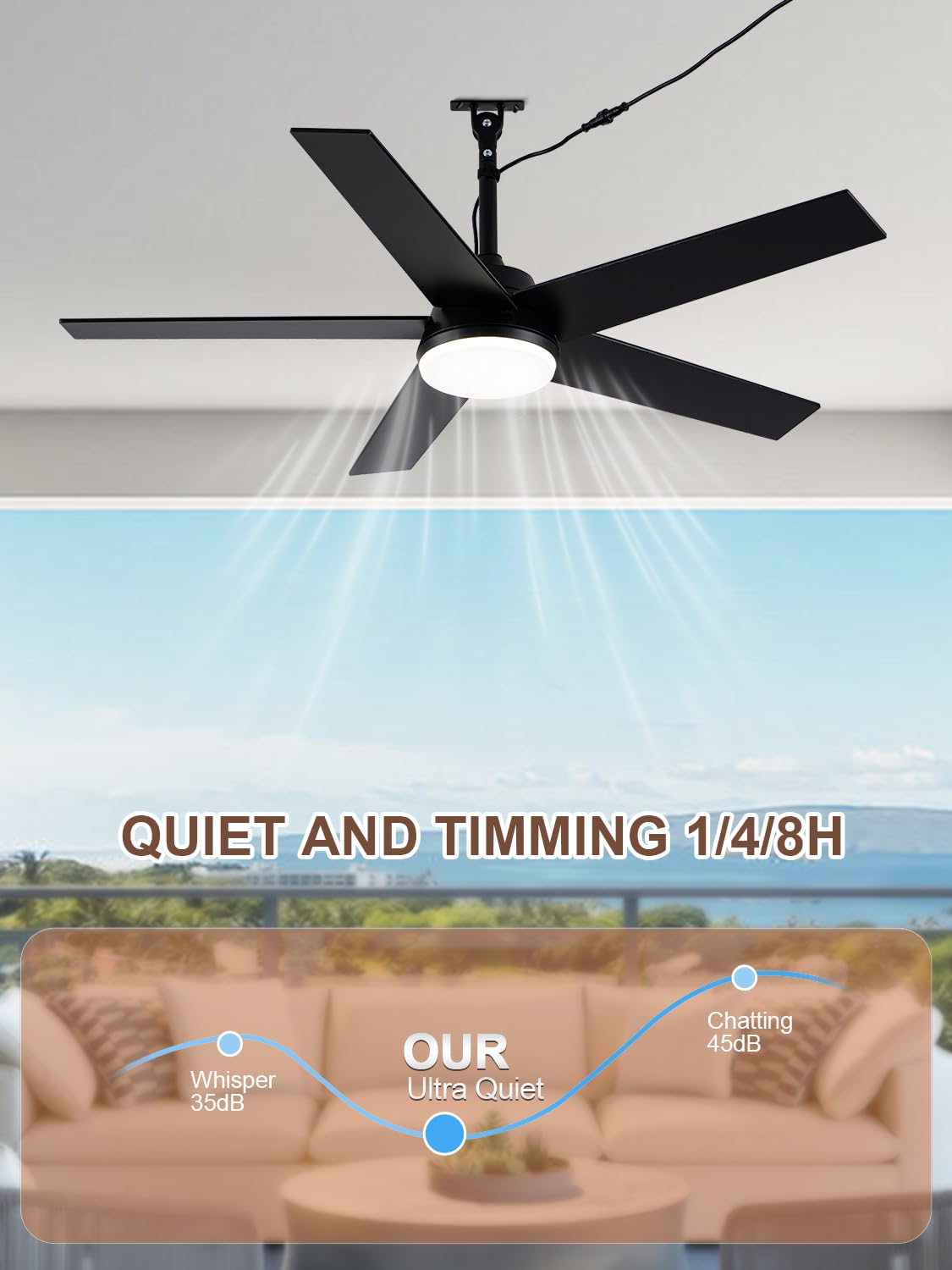 Bella Depot 48" Outdoor Ceiling Fan Black Waterproof Gazebo Fan with Light Smart App Remote Control Hanging Fan for Outside Patios Pergola Tent Plug-in Design Adjustable Brightness (48"- Black)