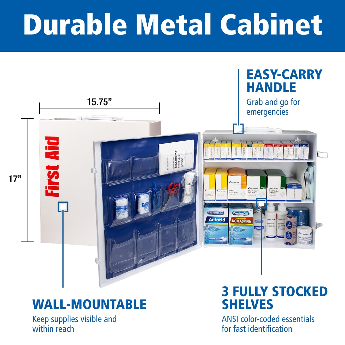 First Aid Only 90575 3-Shelf ANSI B+ and OSHA-Compliant First Aid Kit, 100-150-Person Emergency First Aid Kit for Business and Worksite, First Aid Metal Cabinet with Medications, 676 Pieces