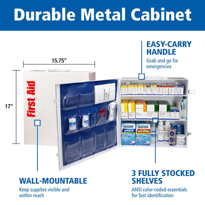 First Aid Only 90575 3-Shelf ANSI B+ and OSHA-Compliant First Aid Kit, 100-150-Person Emergency First Aid Kit for Business and Worksite, First Aid Metal Cabinet with Medications, 676 Pieces