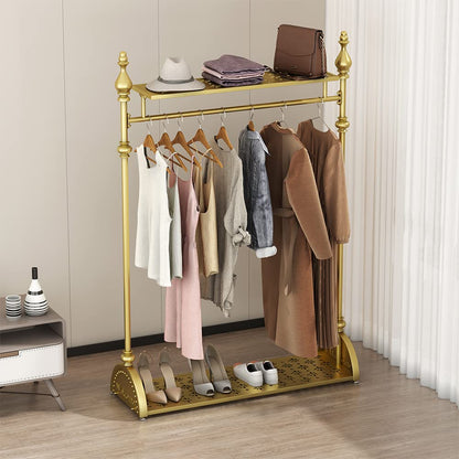 Clothing Rack Gold, Industrial Clothes Rack for hanging Clothes with Double Shelves Freestanding Multi-functional Heavy Duty Garment Rack, Metal Movable Coat Rack for Organizing Clothes Shoes