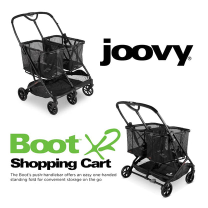 Joovy Boot X2 Shopping Cart Featuring 122 lbs Total Weight Capacity, Dual Removable Totes, Swivel Tires for Easy Steering, One-Handed Compact Fold, and One-Step Parking Brake (Black Frame)