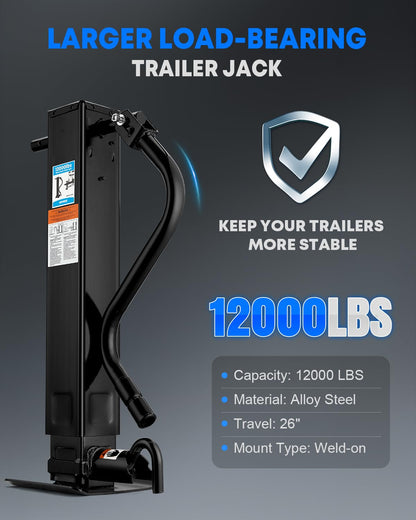 Kohree 12000 lbs Trailer Jack Heavy Duty, 26" Vertical Travel, Weld on Trailer Jacks with Adjustable Drop Leg & Ergonomic Handle for Utility, Boat, Horse, and RV Trailer