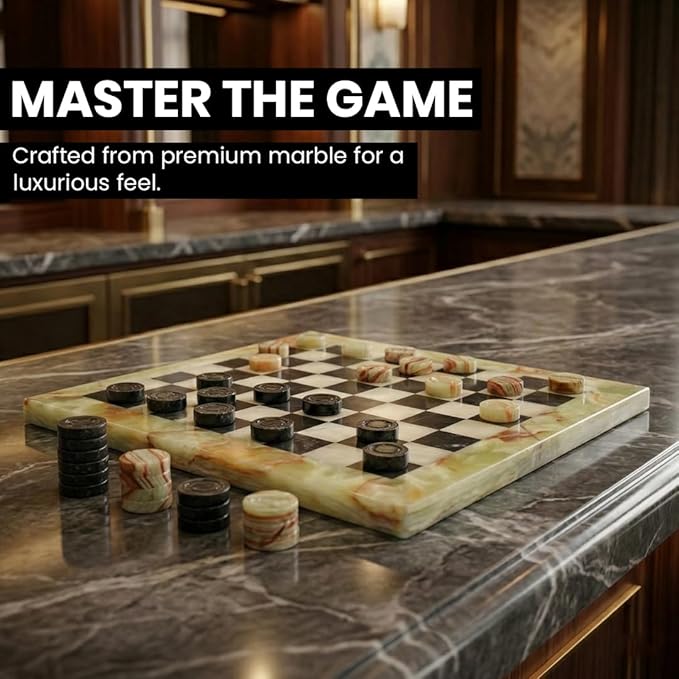 Marble Chess Checker Pieces Set with Storage Box Collection (Black Green)