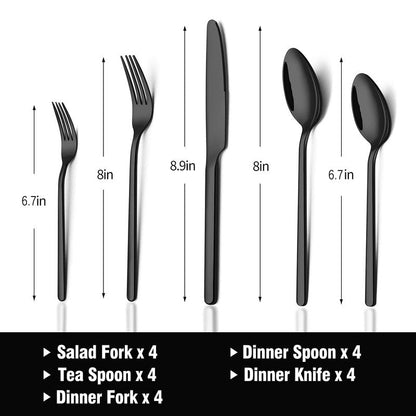 KINGSTONE Black Silverware Set, 20-Piece Flatware Set for 4, 18/10 Stainless Steel Cutlery for Home Kitchen and Restaurant