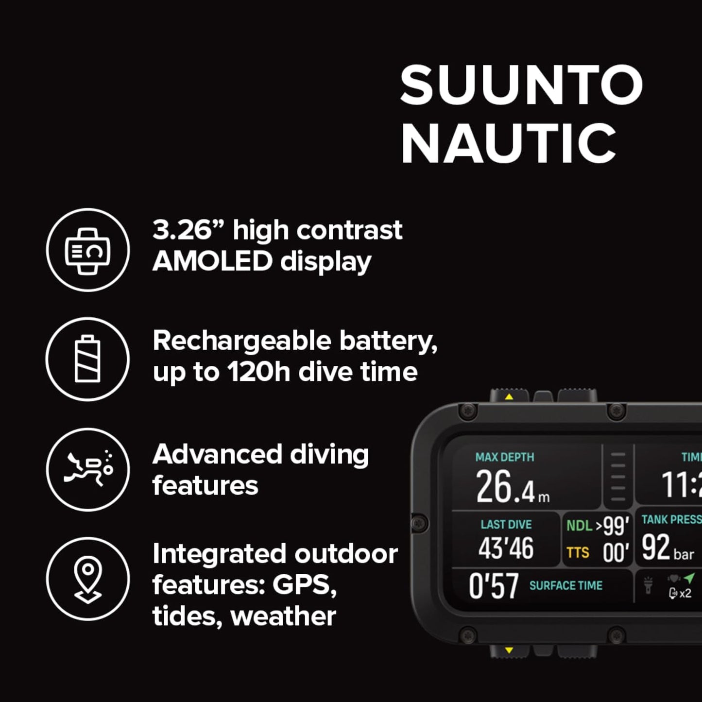 SUUNTO Nautic Dive Computer with Bungee Cord, Bright AMOLED Display, Integrated LED Flashlight, Up to 120H, GPS & Underwater Route Tracking, Wireless Tank Pressure Monitor