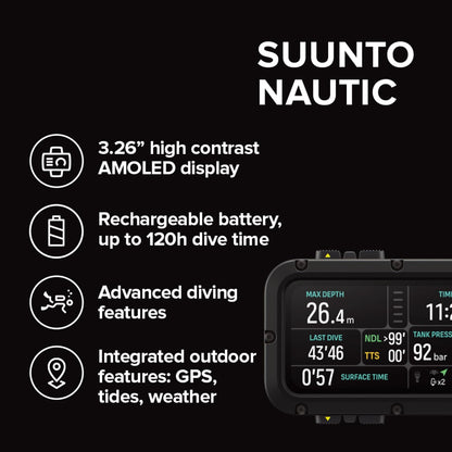 SUUNTO Nautic Dive Computer with Bungee Cord, Bright AMOLED Display, Integrated LED Flashlight, Up to 120H, GPS & Underwater Route Tracking, Wireless Tank Pressure Monitor