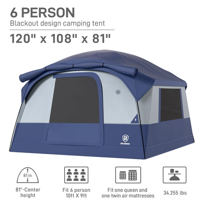 EVER ADVANCED Blackout Design 6 Person Camping Tent with 80 sq.ft Massive Vestibule, Large Mesh Screen Room, 81in Tall Expanded Headroom, Blackout Coating, 4000mm Water-Resistant Compact Grey Blue