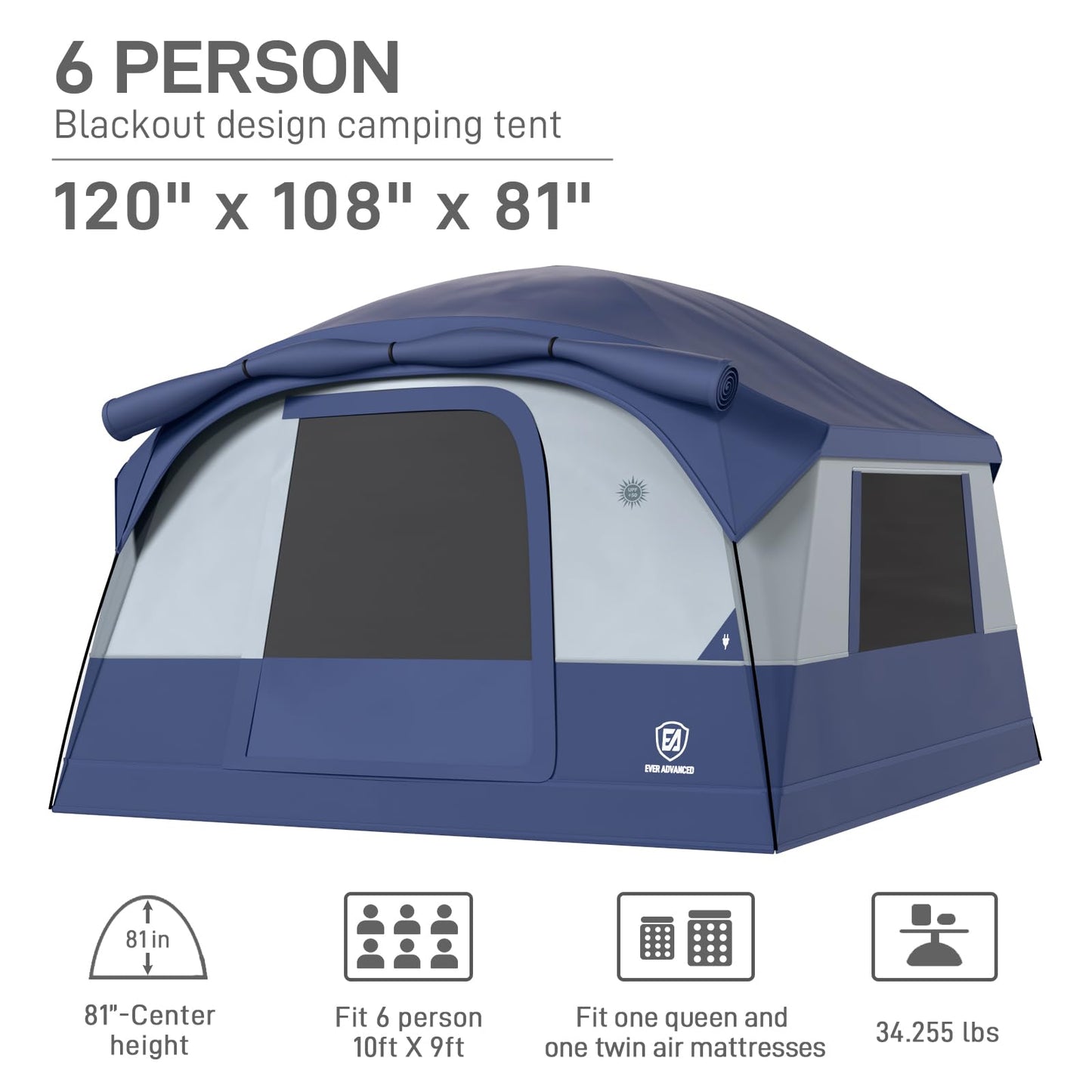 EVER ADVANCED Blackout Design 6 Person Camping Tent with 80 sq.ft Massive Vestibule, Large Mesh Screen Room, 81in Tall Expanded Headroom, Blackout Coating, 4000mm Water-Resistant Compact Grey Blue