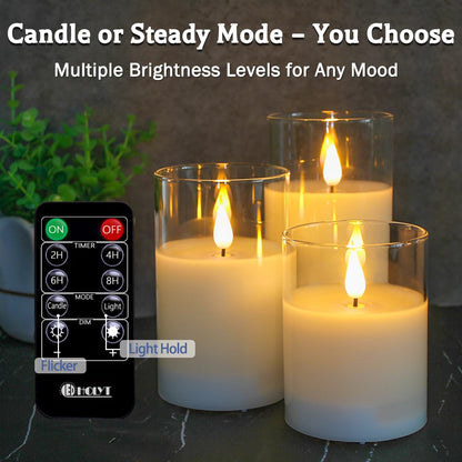 LEDHOLYT Rechargeable Flameless Glass Pillar Candles–Gifts for Women,–Set of 3, Realistic Flickering LED Light,Remote & Timer, Ideal for Living Room, Bedroom & Festival Wedding Home Party Decor