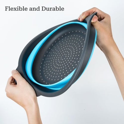 Cluren Collapsible Colander 3-Pack Set Space-Saving Foldable Kitchen Strainer with Non-Slip Base Durable Thickened PP+TPE Collapsible Strainers for Pasta, Vegetables, Fruits (Gray-Blue)