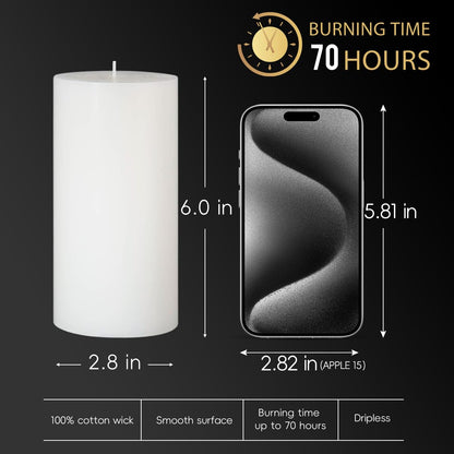3 Packs Dripless 2.8x6 Inch White Pillar Candles, Unscented Large Wax Cylinder Column Candles for Power Outages Emergency Party Backyard Gathering - 70 Hour Burn Time