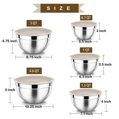 P&P CHEF Mixing Bowls with Airtight Lids Set of 5, 10-Piece Stainless Steel Mixing Nesting Bowl, Metal Bowl with Lid for Kitchen Prepping & Storing, Size 4.6, 3, 1.5, 1, 0.7 QT, Khaki