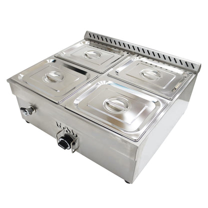 INTBUYING LP Gas Food Soup Warmer Propane Gas Stove Bain-Marie Commercial Canteen Buffet Steam Heater Stainless Steel with Gas Regulator Valve 12''x8.7''x4''Pan-4 Pans（Square）