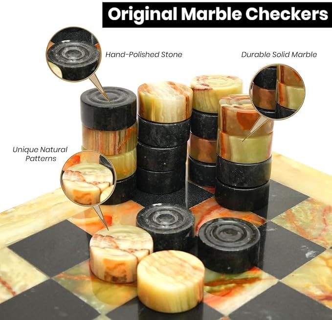 Marble Chess Checker Pieces Set with Storage Box Collection (Black Green)