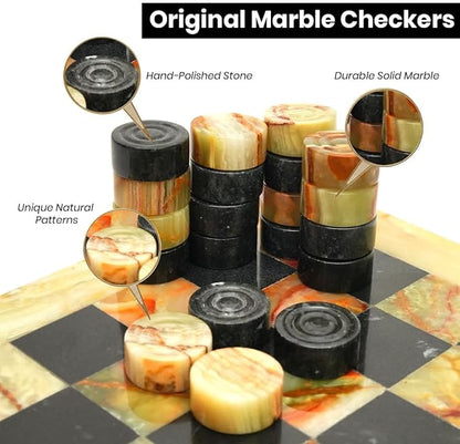 Marble Chess Checker Pieces Set with Storage Box Collection (Black Green)