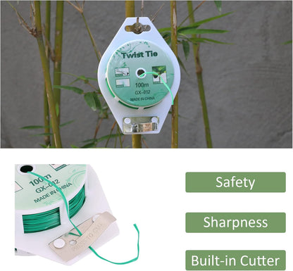 Skiennix Twist Ties - All-Purpose Coated 328 Feet Garden Plant Support Ties | Reusable Green Twine for Gardening & Cable Organization