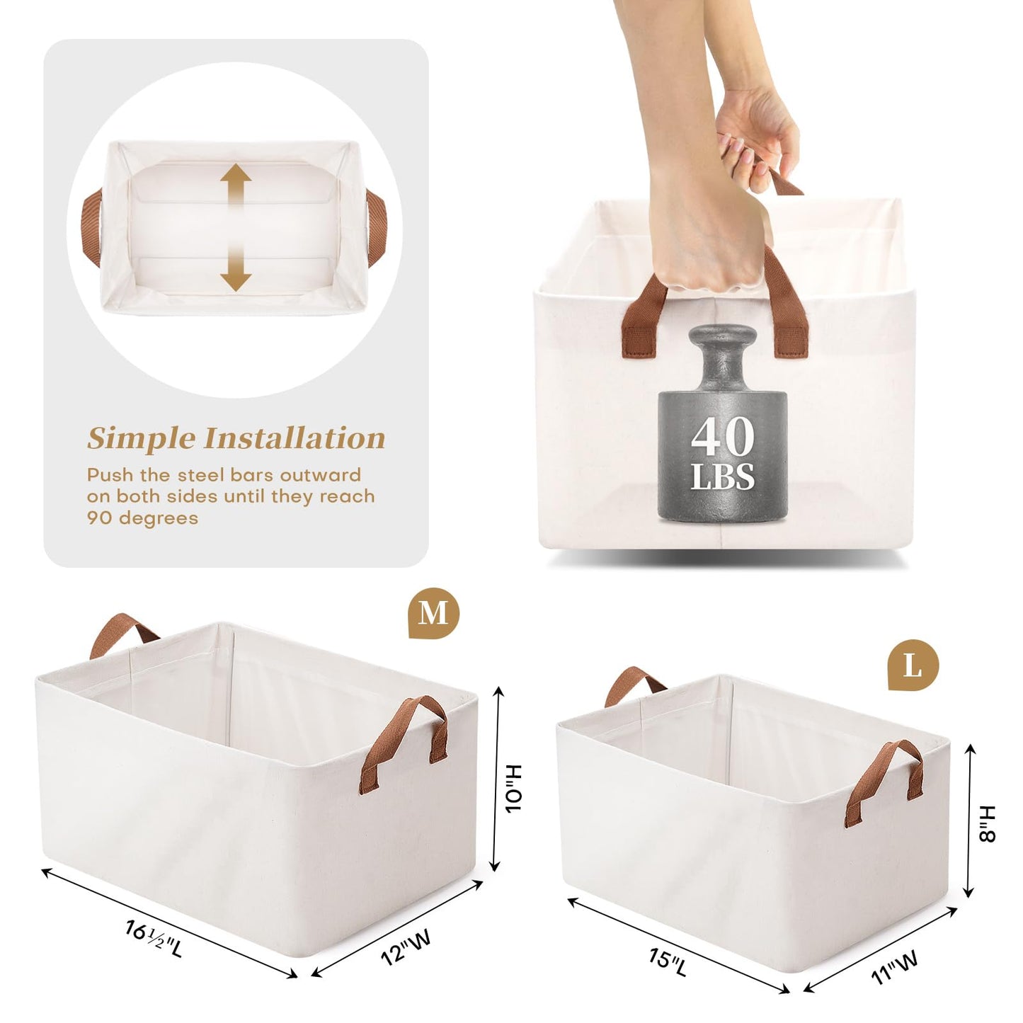 large storage baskets, closet storage bins, Canvas Fabric Storage Basket for shelves, basket organizers for shelf, storage bins for clothes (White 6 Pack, 16"L×12"W×10"H)