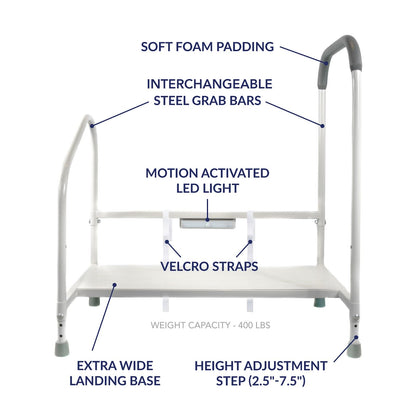 step2bed Bed Step Stool for Adults – Adjustable Bedside Platform with Safety Handle, Motion Sensor Light & Wide Base, Bedside Steps for Beds and Seniors