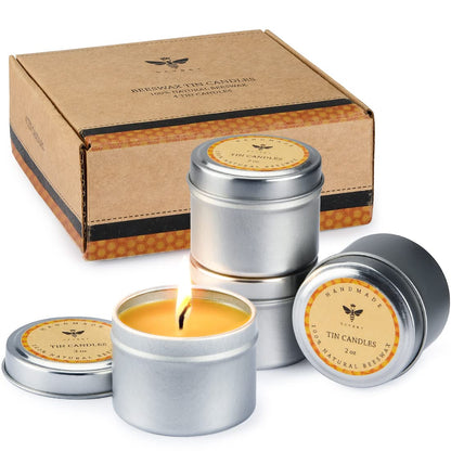 DEYBBY Pure Beeswax Emergency Candle Set of 4 - Natural Honey Scented Travel Tin